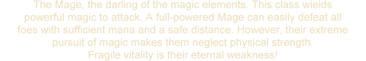 The Mage, the darling of the magic elements. This class wields powerful magic to attack. A full-powered Mage can easily defeat all foes with sufficient mana and a safe distance. However, their extreme pursuit of magic makes them neglect physical strength. Fragile vitality is their eternal weakness!