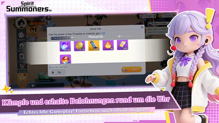 Kämpfe und erhalte Belohnungen rund um die Uhr / Echtes Idle-Gameplay! Fortschritt auch offline möglich!
